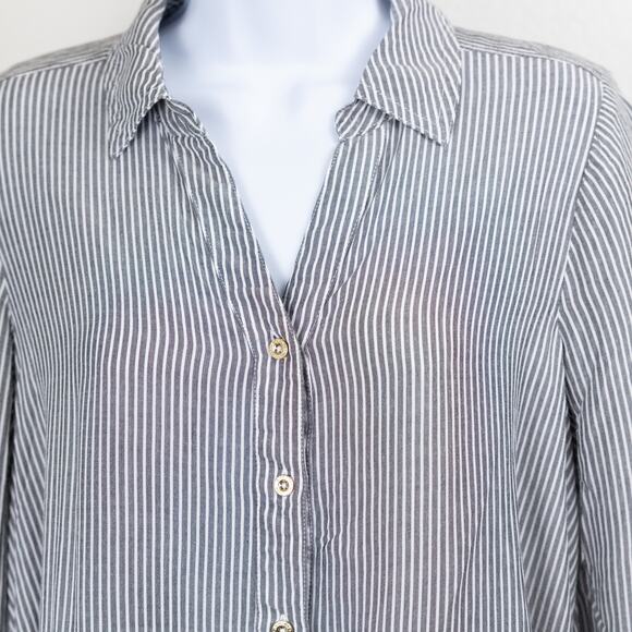 Jones New York Gray White Stripe Button Down Blouse, Small - Picture 3 of 7